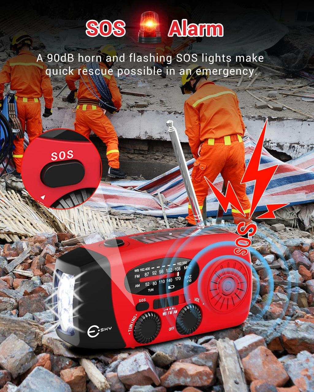 Emergency Hand Crank Radio with 3 LED Flashlight, AM/FM/NOAA Portable Weather Radio with 2000Mah Power Bank Phone Charger, Solar Powered USB Charged Radio for Indoor Outdoor Camping, SOS Alarm