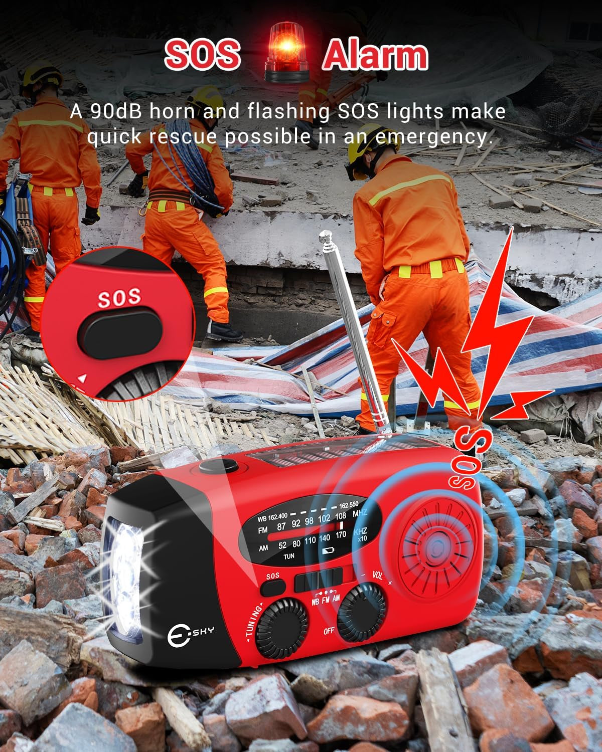 Emergency Hand Crank Radio with 3 LED Flashlight, AM/FM/NOAA Portable Weather Radio with 2000Mah Power Bank Phone Charger, Solar Powered USB Charged Radio for Indoor Outdoor Camping, SOS Alarm