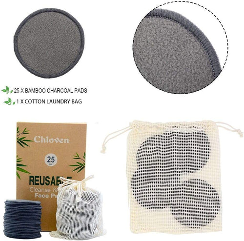25 Pack Charcoal Bamboo Reusable Makeup Remover Pads - Bamboo Reusable Cotton Rounds for Toner, Washable Eco-Friendly Pads for All Skin Types with Cotton Bag for Storage