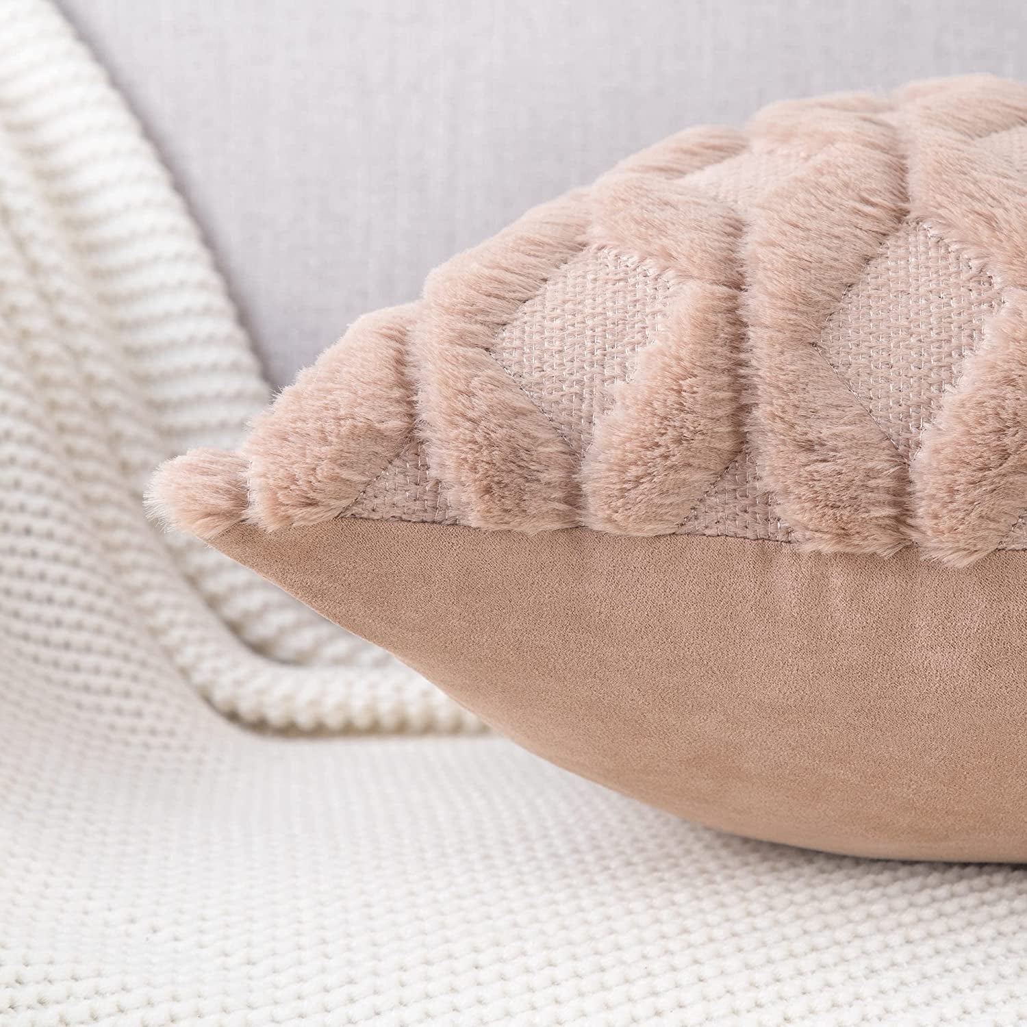 Set of 2 Soft Polyester Short Wool Velvet Decorative Throw Pillow Covers 26X26 Inch Light Brown Square Luxury Style Cushion Cases European Pillow Shell for Sofa Bedroom